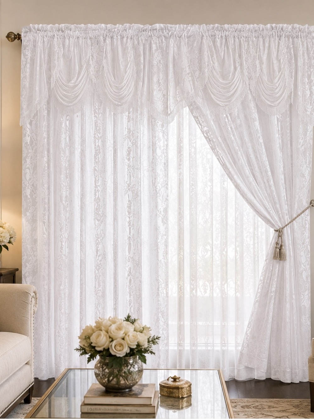 White jacquard 2 piece curtain set